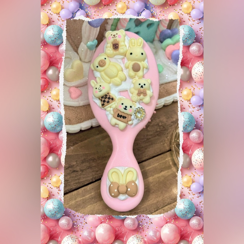 Small Cute Pink Hairbrush with Bear and Bunny Charms